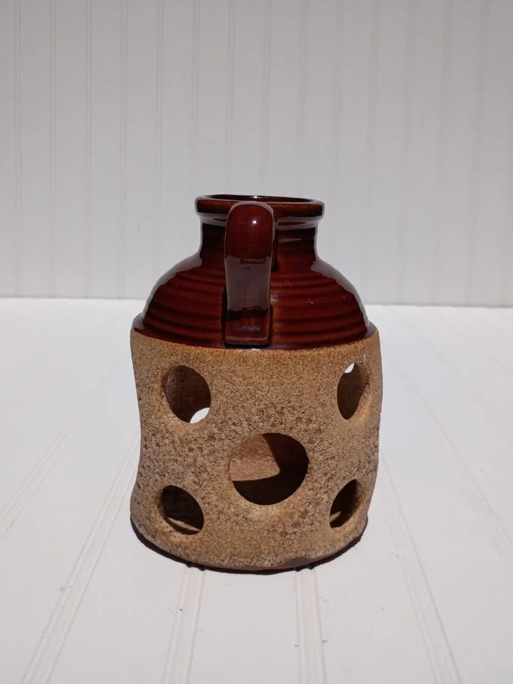 Vintage Royal Haeger USA Pottery Jug Vase Brown Glazed Crockery Cutout Pattern